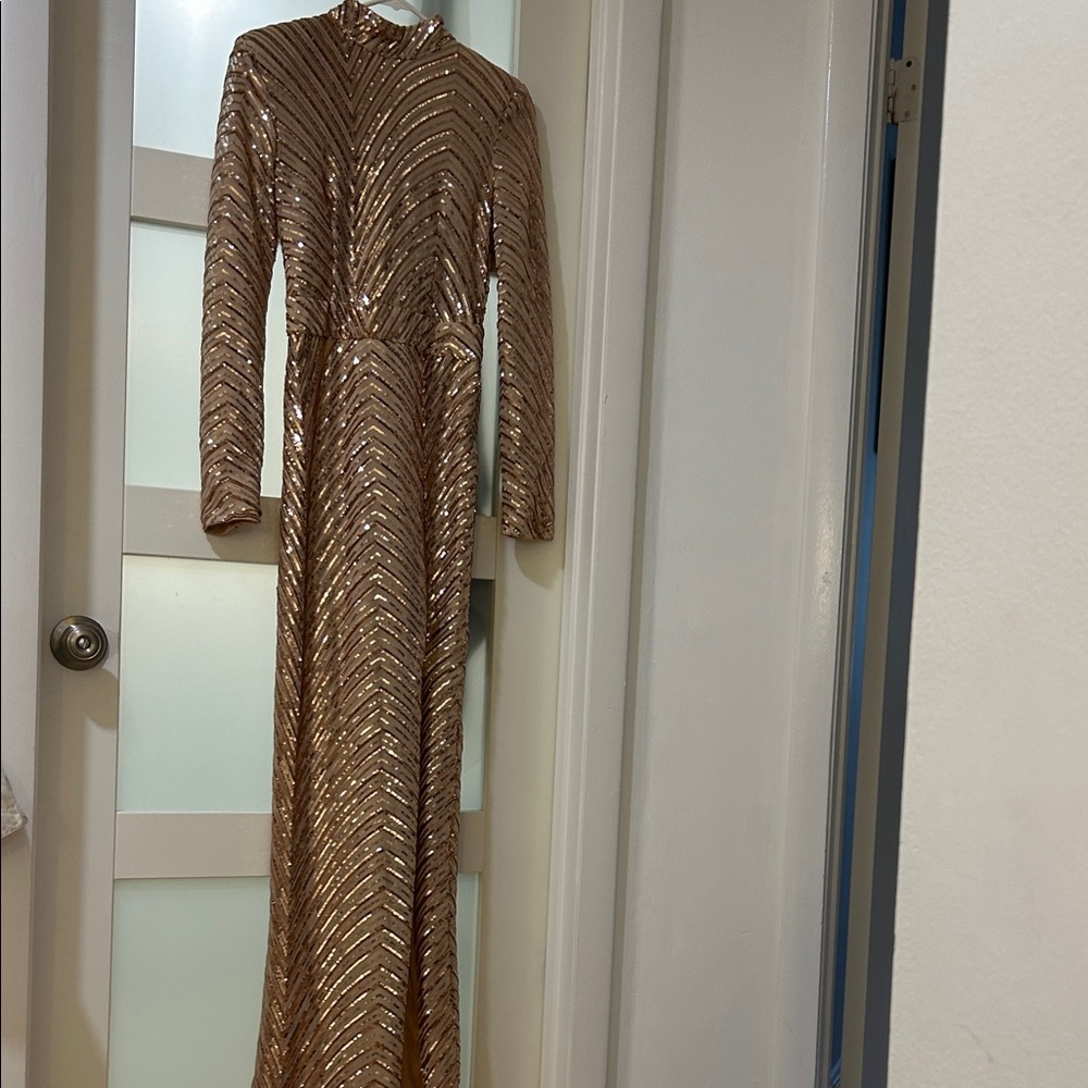 Long Sleeve Sequin Gown in Rose Gold